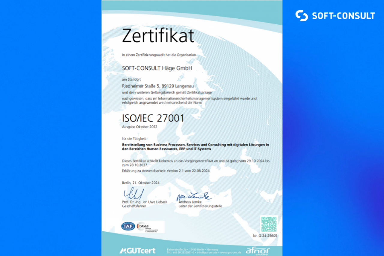 ISO27001 Zertifikat nach Version 2022 von SOFT-CONSULT in anderem Format.