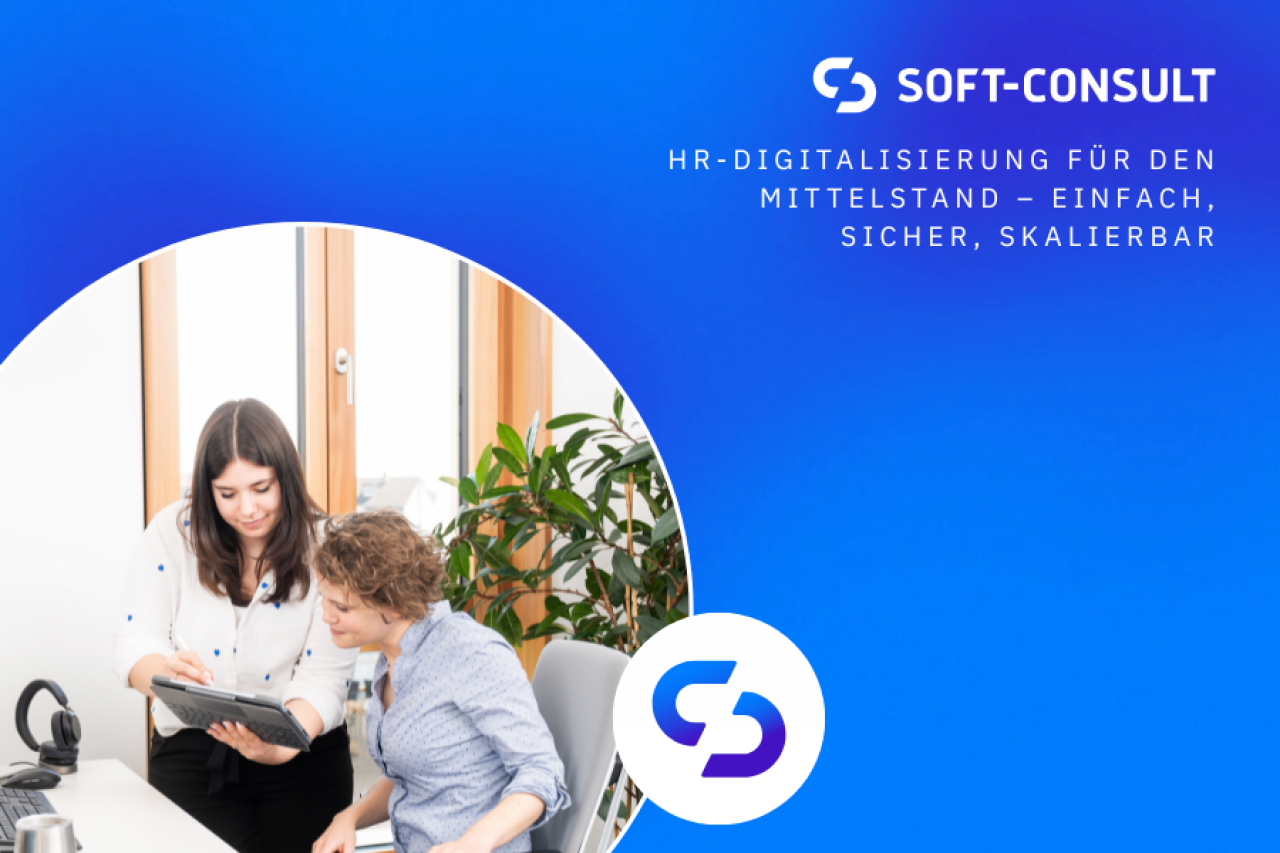 zwei Frauen schauen in ein Tablet mit Pflanze im Hintergrund und Logo.